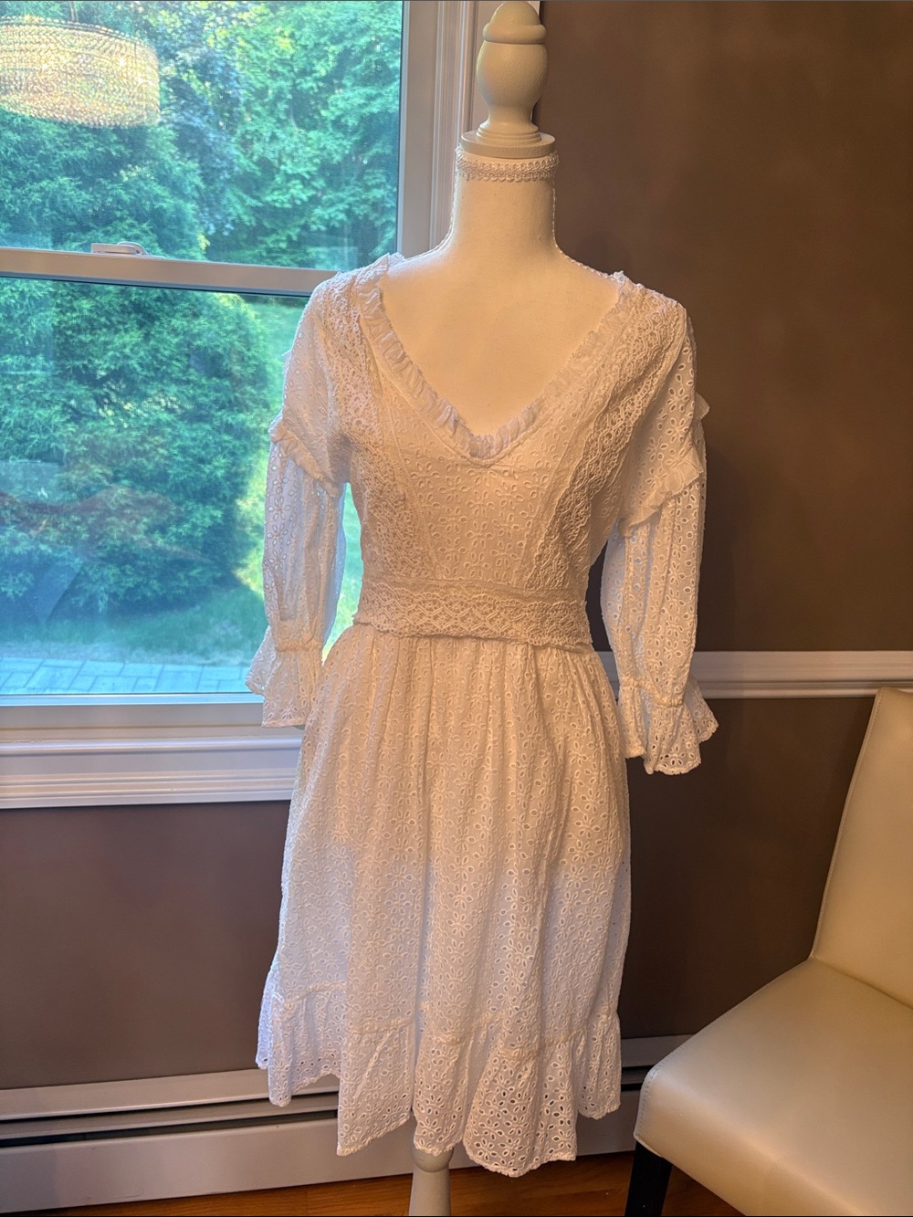 Love Sam White Eyelet Lace V-Neck Midi Dress